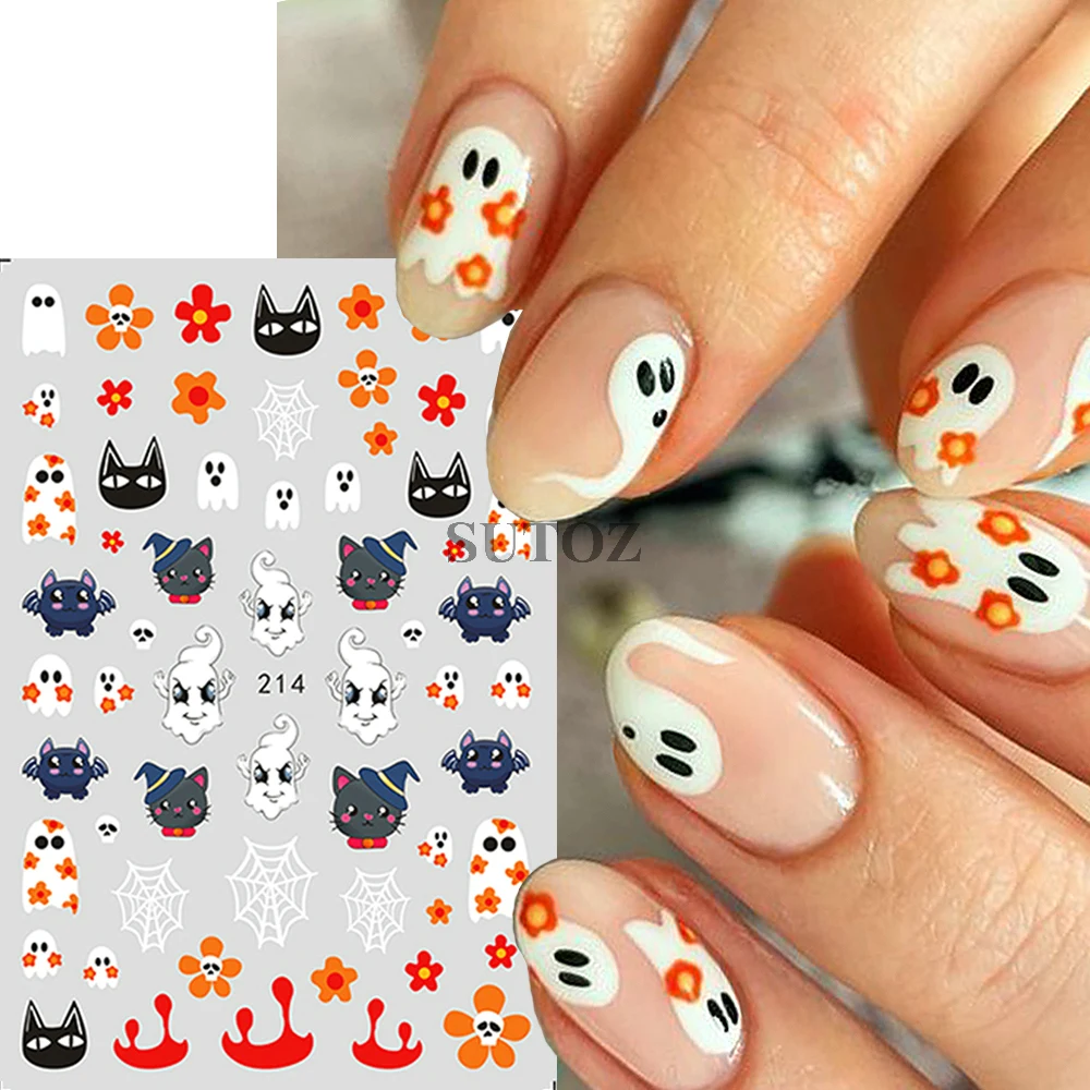 Pumpkin Ghost Halloween Nail Stickers Skull Bat Spider Web Black Cat Nail Decals 3D Flowers Self-Adhesive Manicure Tattoos GL216