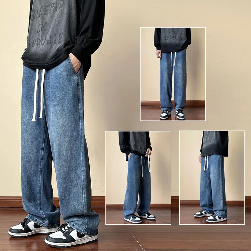 

Новинка 2024 года, мужские зимние повседневные удобные джинсы, мужские модные свободные прямые джинсовые брюки, облегающие эластичные винтажные синие брюки