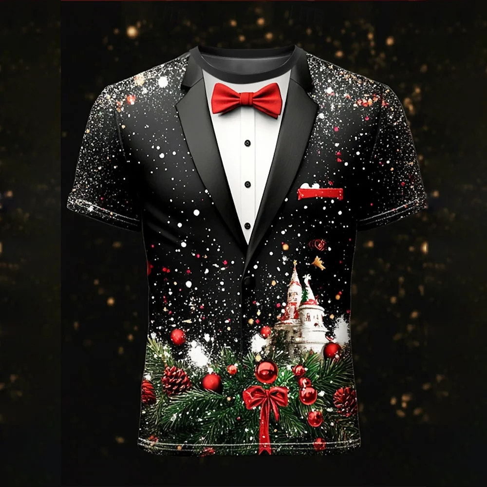 Christmas T-Shirt Tree Snowflake Fashion Casual Tops Men's 3D Print Tee Party Street Red Fake Suit Short Sleeve O-Neck Clothes