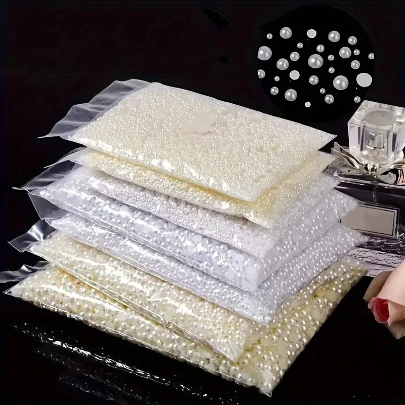 120-1200pcs Flatback Nail Pearls For Nail Art Decoration Half Round & Round Pearls For Crafts White/Beige Pearls Nails Accessory