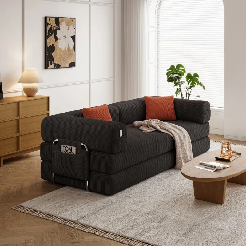 Черный вельветовый диван с боковым карманом, современная удобная мебель для гостиной, стильный диван с оранжевыми подушками, домашний декор