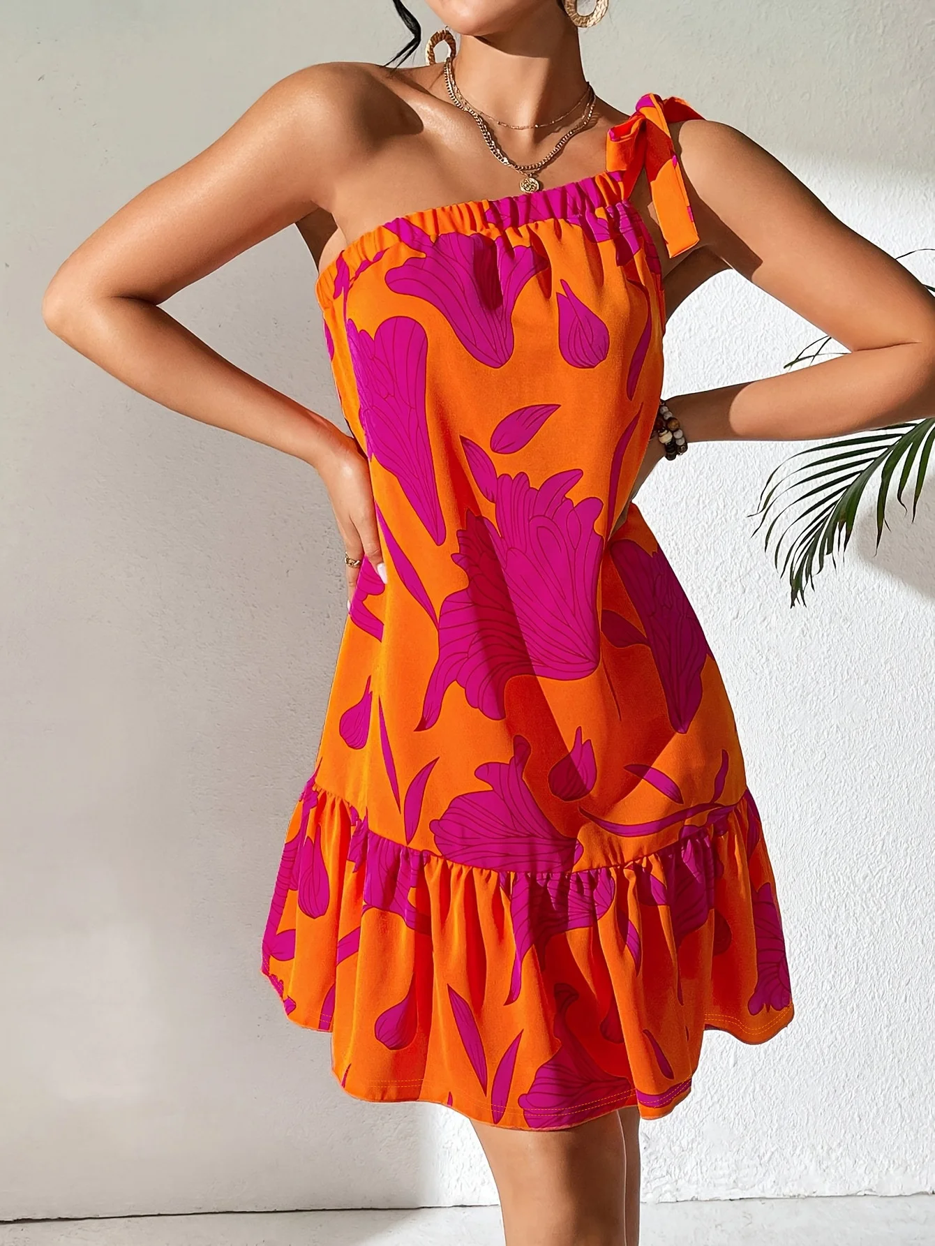 Women One Shoulder Tie Strap Floral Print Mini Dress Summer Ruffle Hem A Line Short Dress Beach Vacation Casual Party Vestidos