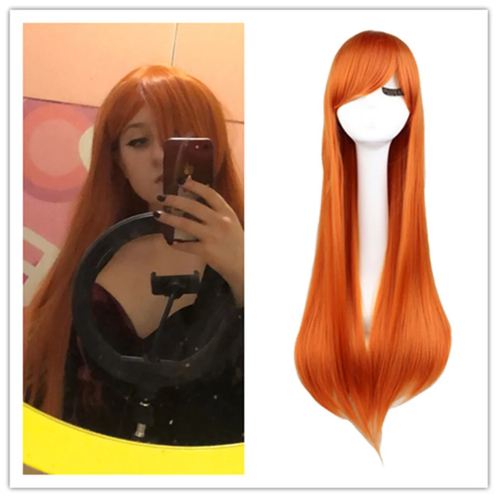 

Long Orange Wigs With Bangs Long Straight Orange Synthetic Heat Resistant Wigs for Women Daily Party Use Orange
