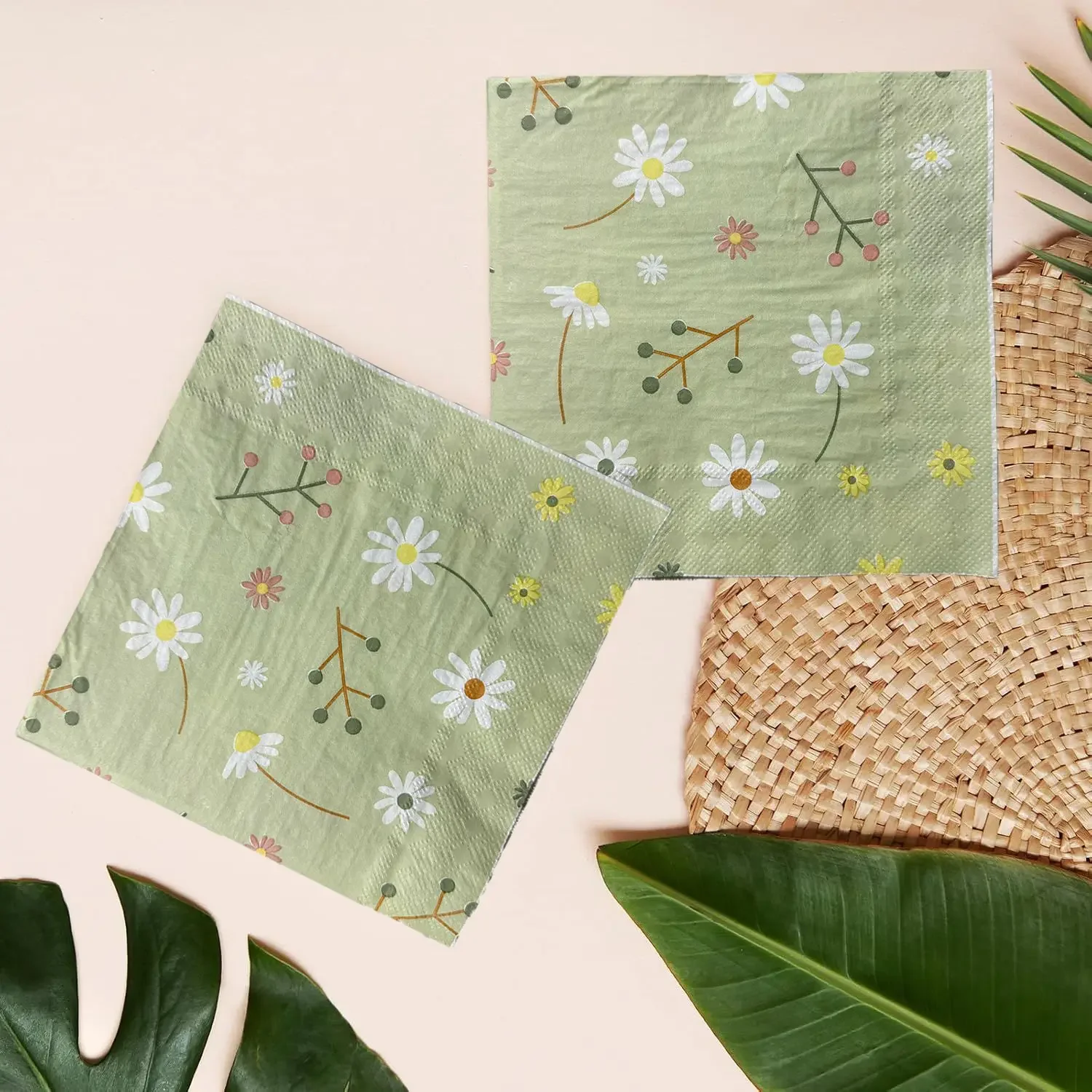 البابونج المطبوعة منديل الأنسجة الخضراء حفلة عيد ميلاد لوازم أدوات المائدة منصات منديل ورقي للاستعمال مرة واحدة نمط زهرة طازجة صغيرة #4