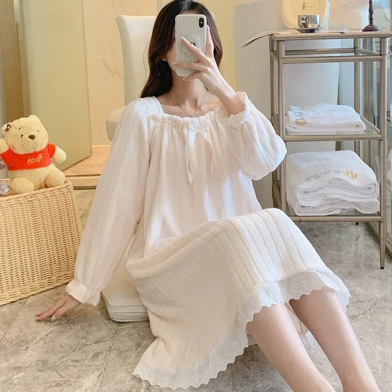 

2025 Winter Long Sleeve Thick Warm Flannel Nightgowns for Women Korean Cute Lace Sleepwear Ladies Night Dress Nightdress Nighty