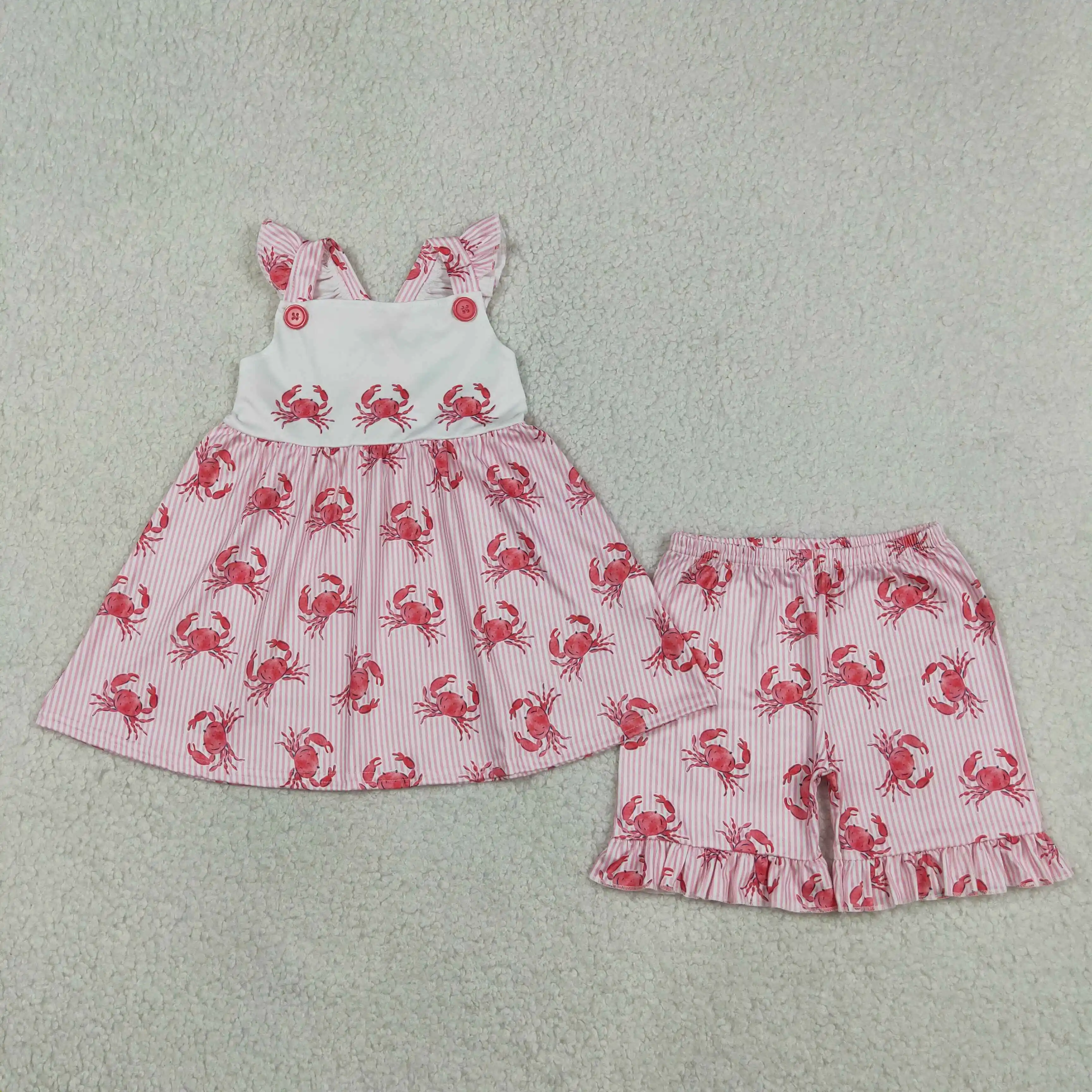 

Wholesale Children Toddler Sleeveless Outfit Baby Girl Crabs Stripes Tunic Kids Shorts Set Girls Summer Clothes
