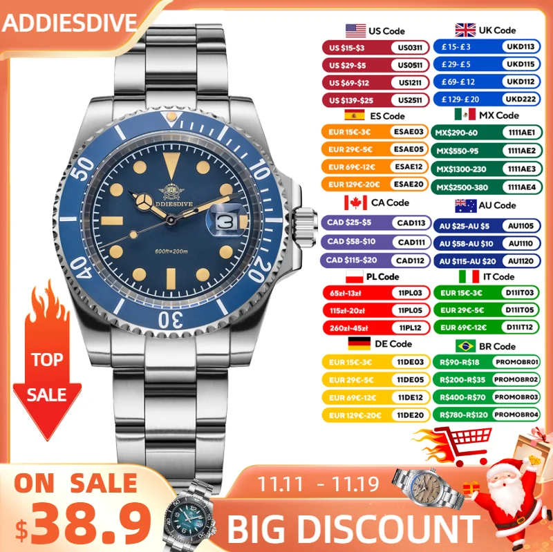 

ADDIESDIVE Дайверские часы 41 мм керамический безель 200 м наручные часы для дайвинга из нержавеющей стали дата ретро светящиеся новые кварцевые часы для мужчин