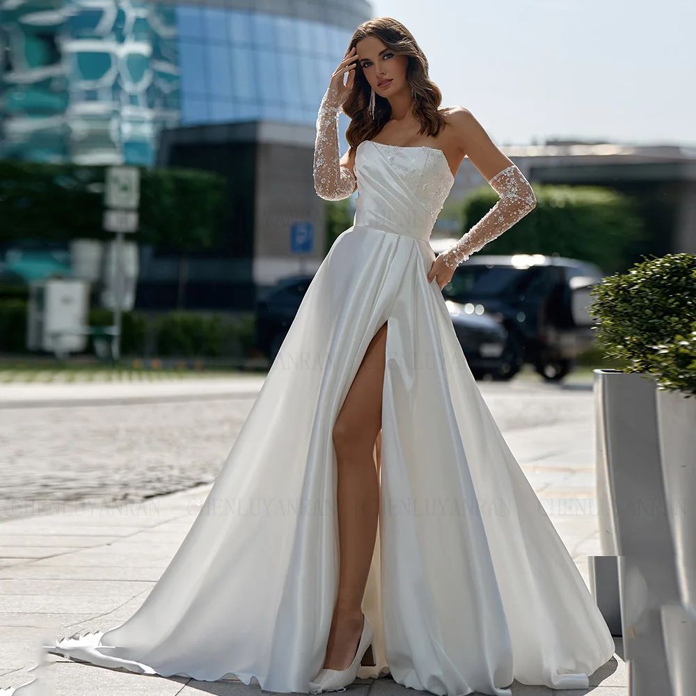 High Quality Satin Wedding Dresses Pleat A-line Ivory Long Bride Dress Sequin Slit Sexy Dress For Women 2024 Robe De Mariée