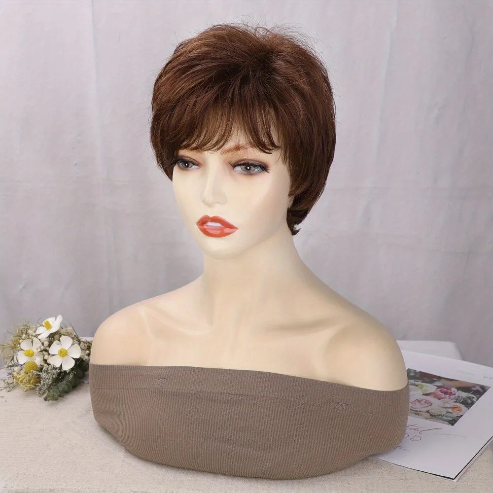 Perucas curtas de corte pixie curto marrom escuro perucas de cabelo fofas naturais em camadas de 4 polegadas