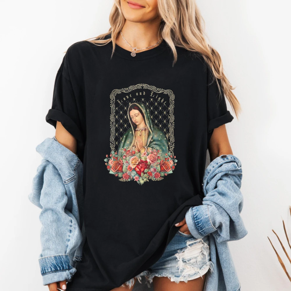 T-shirt en coton pour femmes, motif floral vintage Notre-Dame de Guadalupe, Vierge Marie catholique, foi, dévotion religieuse, noir