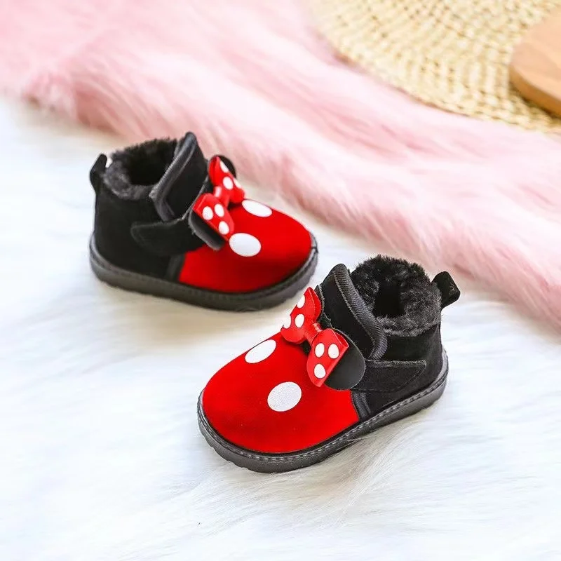 Kids Girls Cotton Snow Boots Casual Sport Shoes Soft Running Sneakers Winter Bow Dots Princess Children Toddler Shoes With Plush