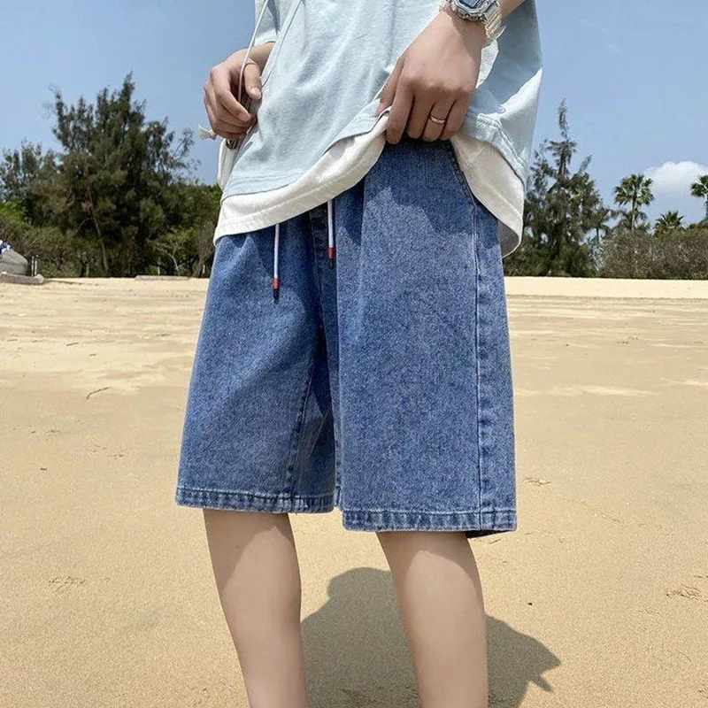 Loose Fit Men's Denim Shorts Summer Thin Straight Leg Pants Korean Style Polyester Fiber Fashionable Youth Brand Jeans Shorts