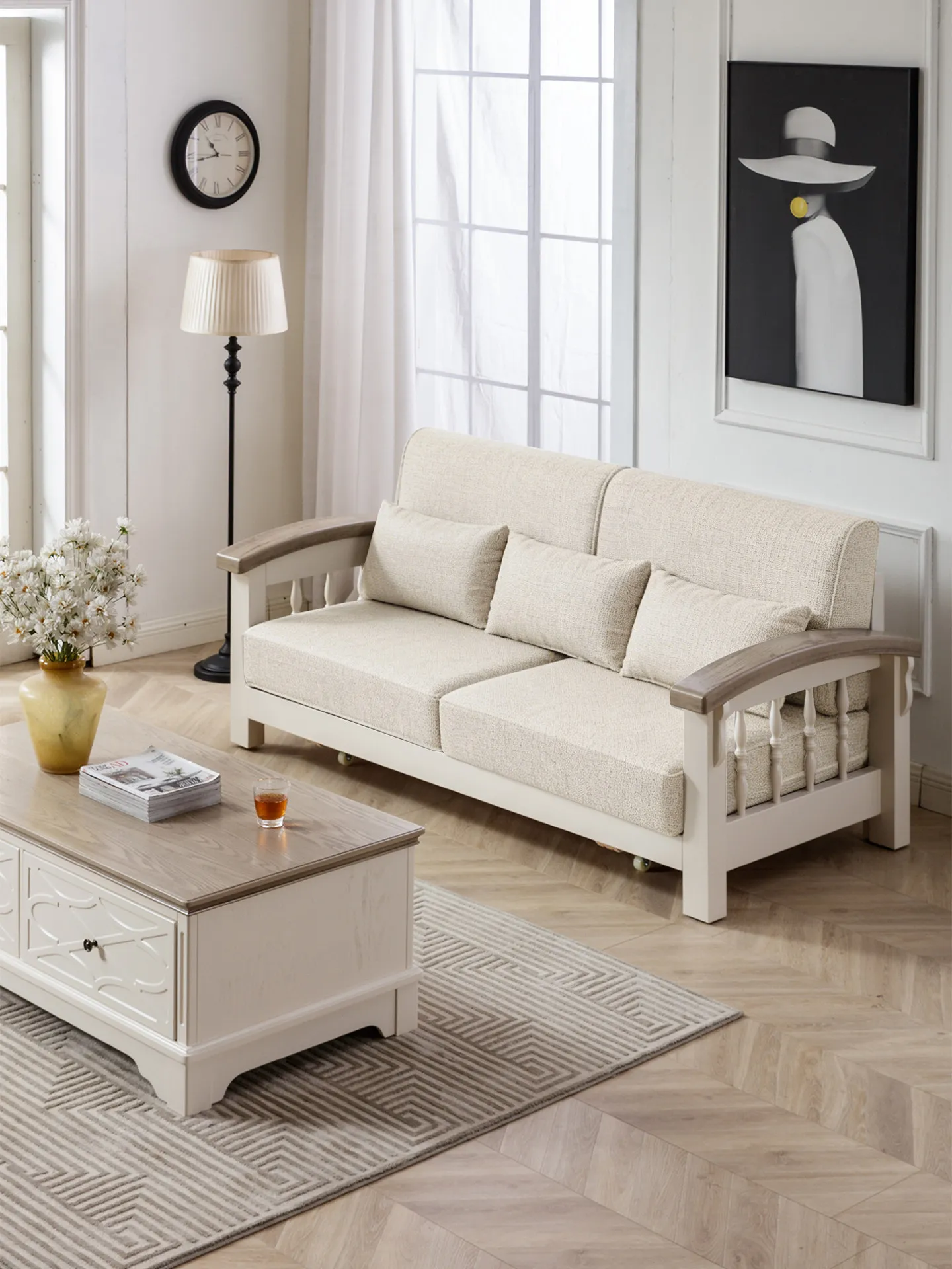 DSA solid wood sofa with trailer, all solid wood light luxury small apartment living room fabric sofa can be fully dismantled
