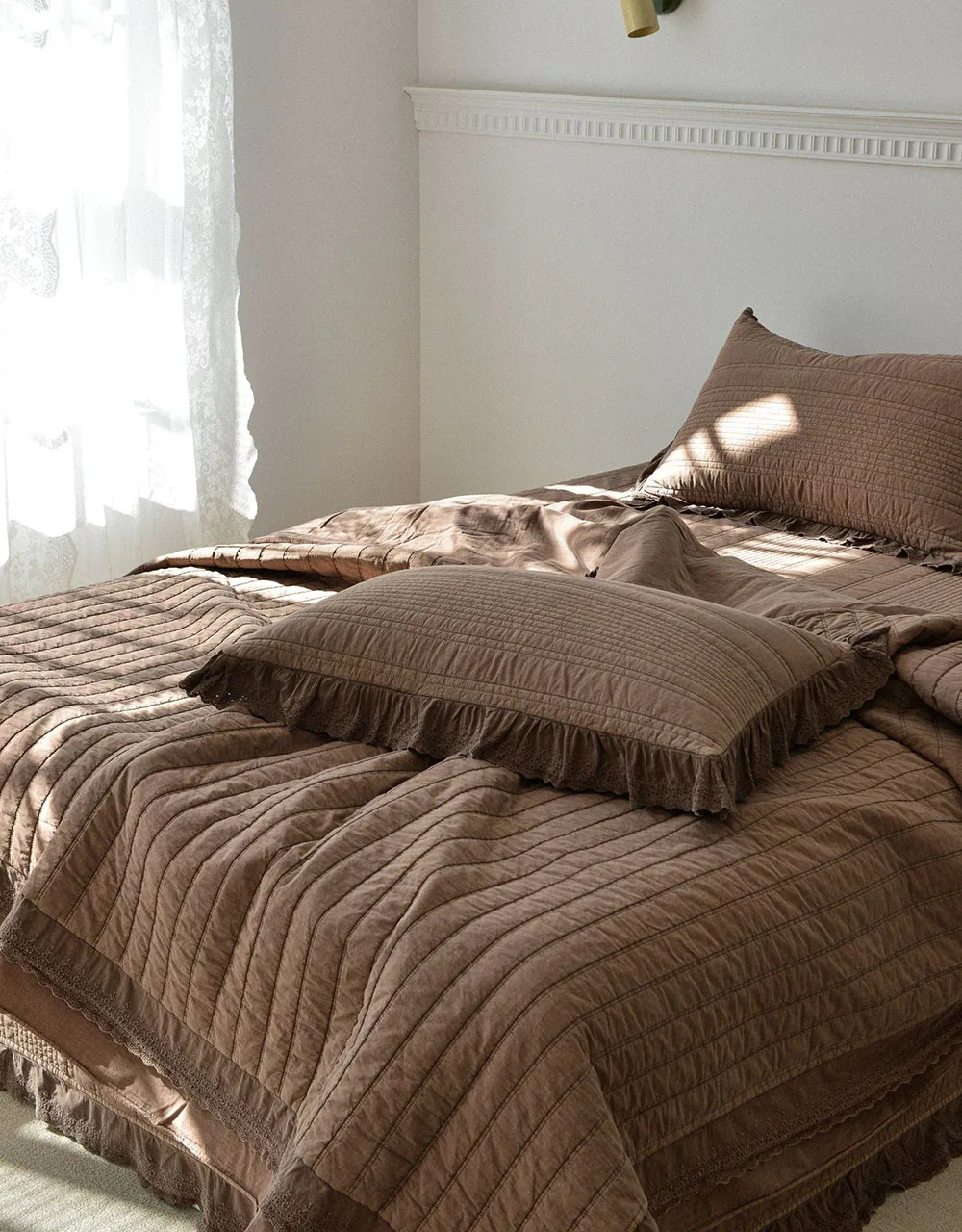 Soft Cotton Plant Enzyme Washed Quilt Set 3PCS Bedding Bedspread with Lace, Multifunctional Solid Color Quilted Duvet Cover 1PC 5