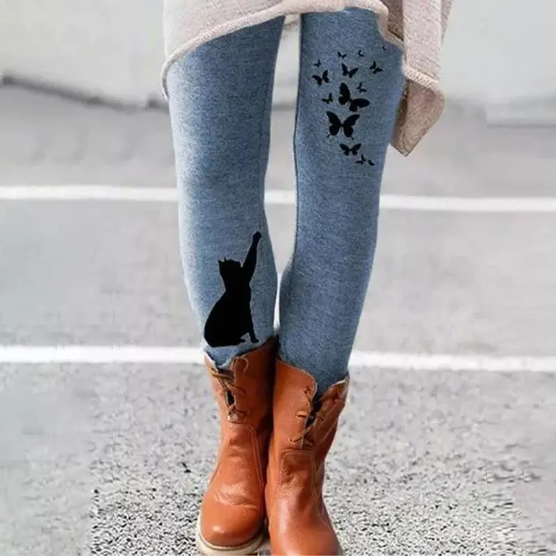 طماق المرأة القطط الأزهار المطبوعة السراويل البوليستر دنة تمتد مرونة الخصر التحكم خريف شتاء ملابس الشارع في الهواء الطلق #2