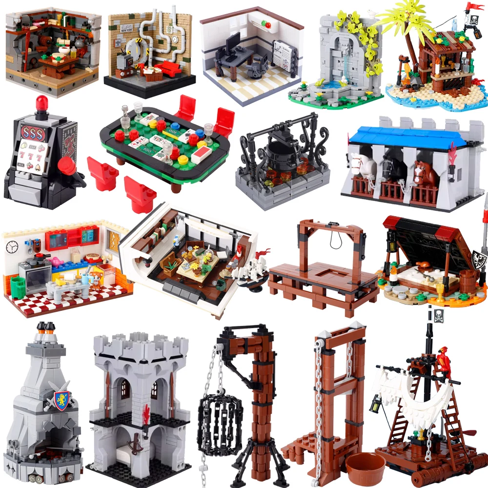 City Modern Medieval MOC Building Blocks Toys Mahjong Game Machine Bonfire Tent Judgment Platform Hanging Cage Castle Wall K051