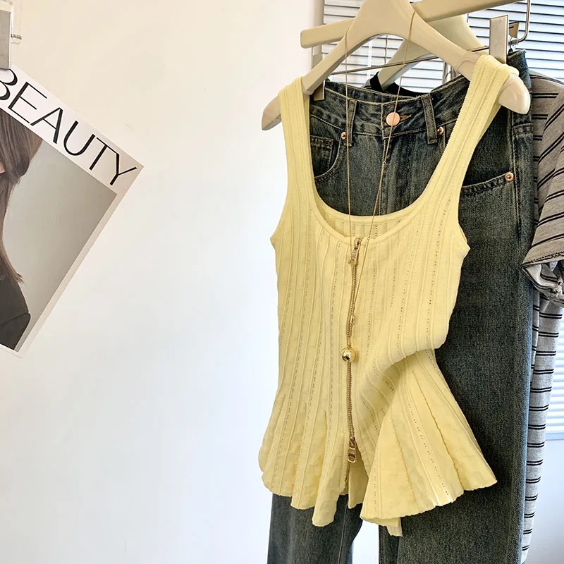 

Summer New Style Women's Sleeveless Tank Top Double Zipper Design Sweet And Spicy Waist-Cinching Trendy Top Korean Style Commute