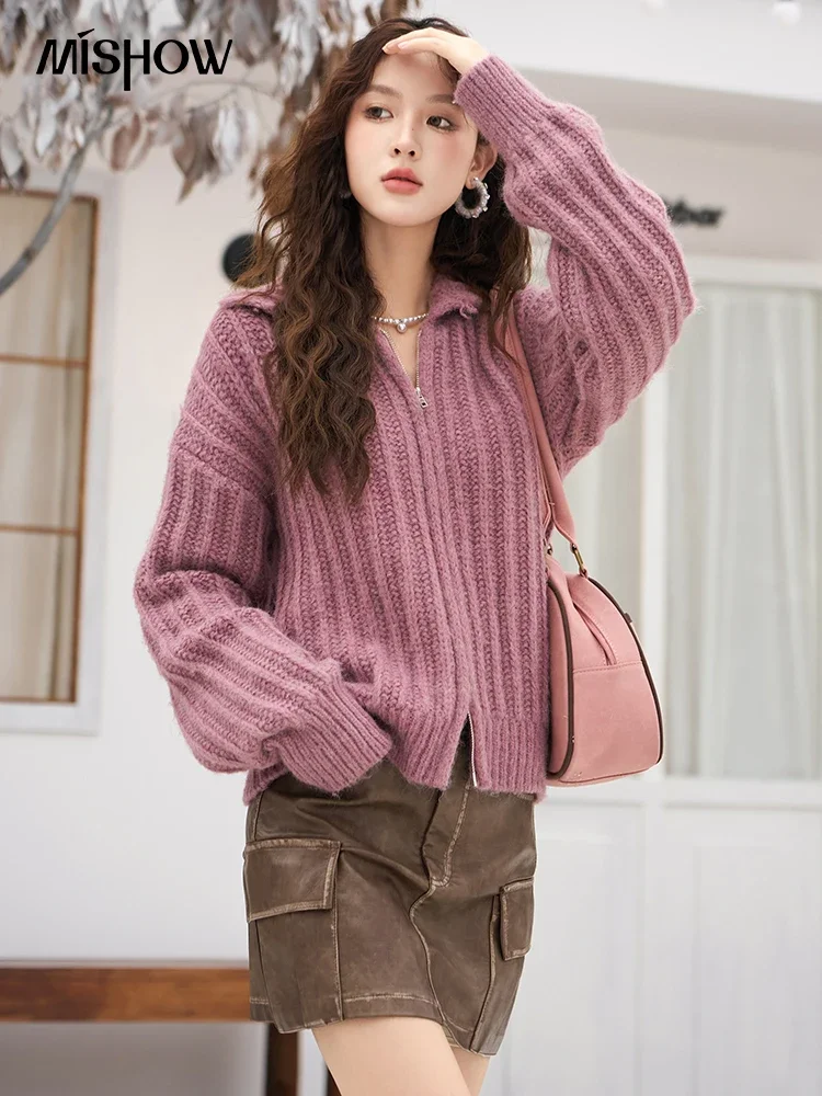 MISHOW Autumn Winter Turtleneck Sweater Cardigan 2023 Loose Jumpers Female Vintage Double Zipper Knitted Jacket Top MXC56Z0269