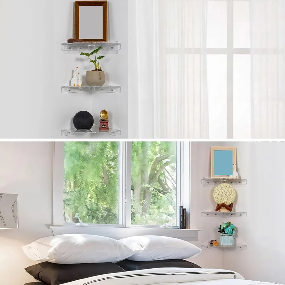 3 Pack Acrylic Corner Shelves Wall Mounted Transparent Floating Shelves Easy Install Multifunctional Shower Caddies