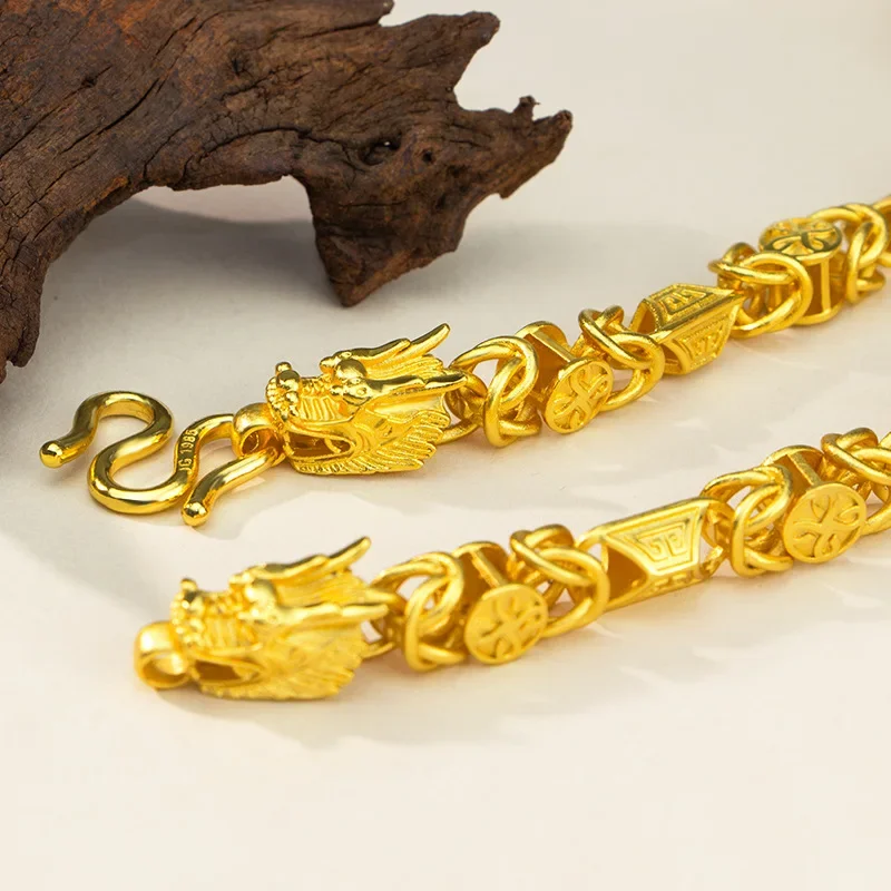 

Luxurious 9999 24K real gold auspicious double dragon head necklace domineering pure gold men's necklace fashion boss chain