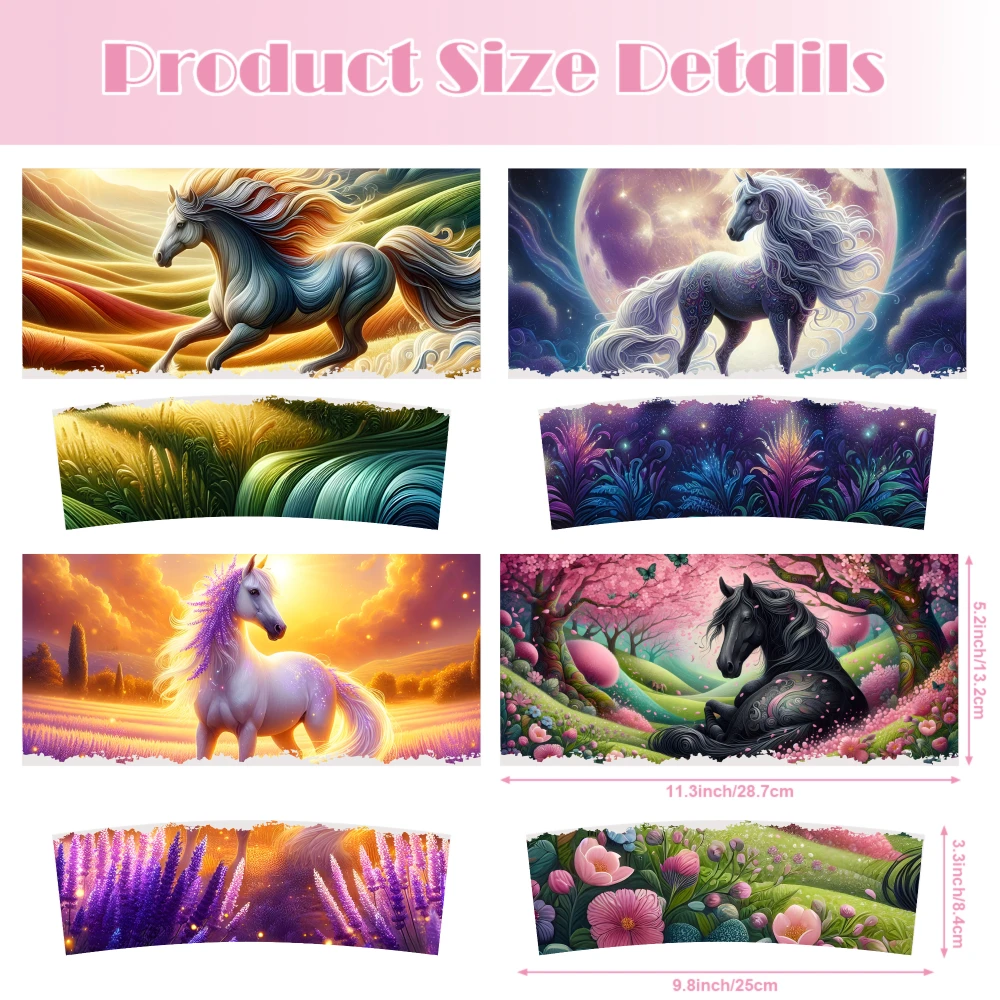 4 Sheets Fantasy Horse Sunset Landscape Magic Flower Field Moonlight Dream UV DTF Stickers for 40oz Tumblers UV DTF Adhesive