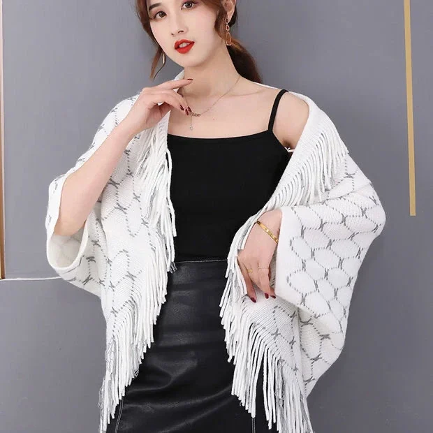 

Spring Autumn Knitted Women's Shawl Summer Air Conditioning Room Shoulder Neck Cardigan Coat Lady Tassel Coat White