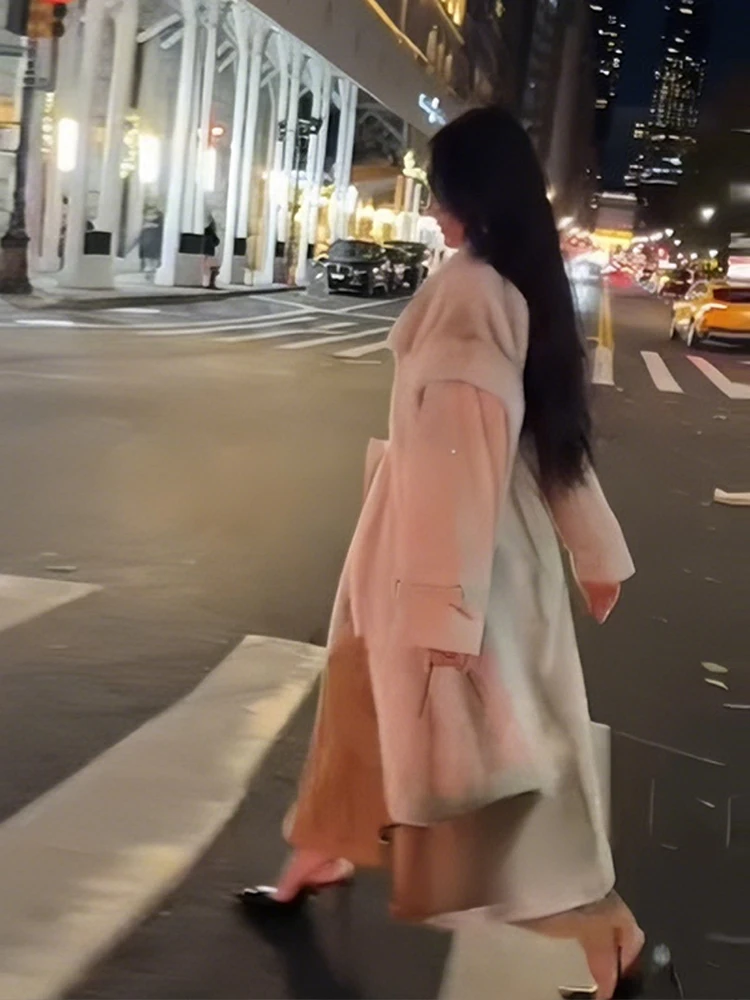 Moda patchwork finta pelliccia di visone giacca lunga manica lunga girocollo cappotto lungo peloso 2025 nuova signora autunno inverno capispalla