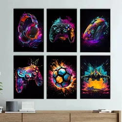 Neon Video Game Character Poster Prints Gamepad Headphones Football Basketball Canvas Printing Wall Art Decor Gaming Room Decor