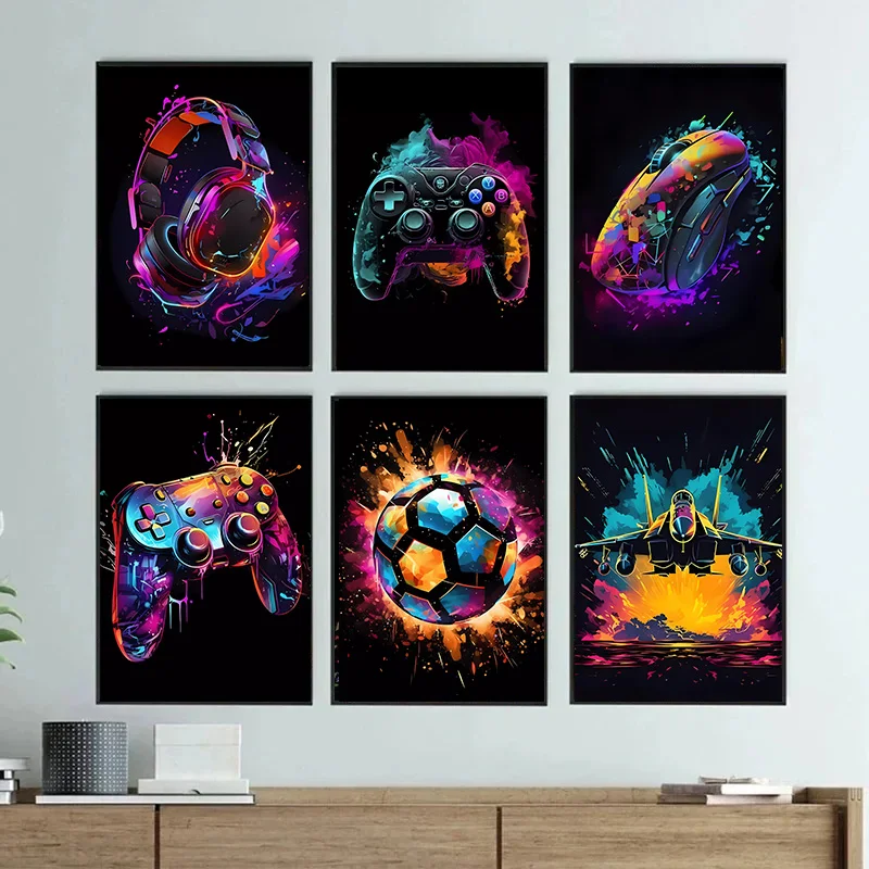 Neon Video Game Character Poster Prints Gamepad Headphones Football Basketball Canvas Printing Wall Art Decor Gaming Room Decor