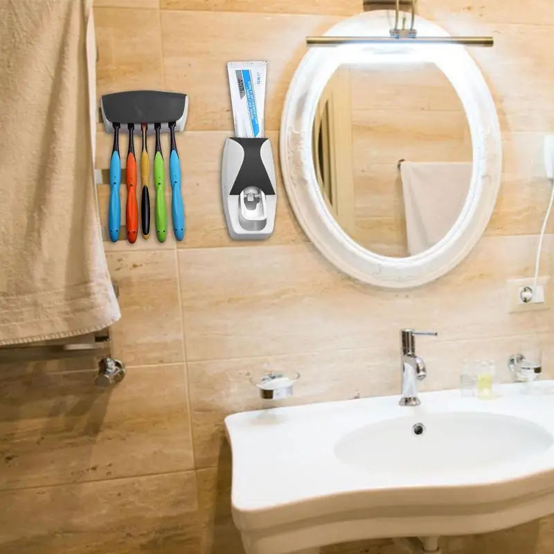 Toothpaste Dispenser 5 Slot Toothbrush Holder Set Automatic Toothpaste Dispenser Wall Mounted Bathroom Shelves Bath Accessories