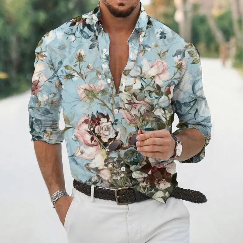 Spring and autumn fashion men\'s long sleeved Hawaiian shirt men\'s 3D printed flower shirt men\'s trendy top