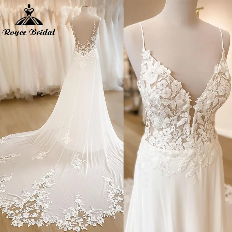 Robe de mariée en mousseline de soie à col en V, bretelles spaghetti, robe de mariée Boho, appliques en dentelle, dos nu, personnalisée, patients en ligne A, 2025