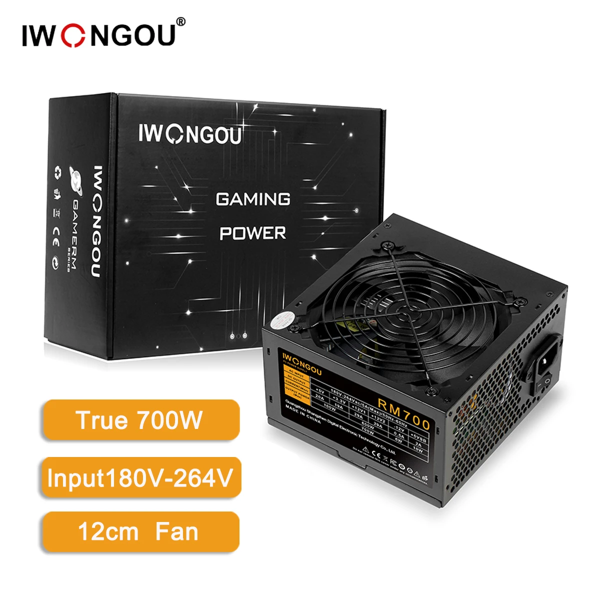 

IWONGOU RM700W PC Power Supply Unit Black Gaming Quiet 120MM 24pin 12V ATX Desktop Computer Power Supply for BTC