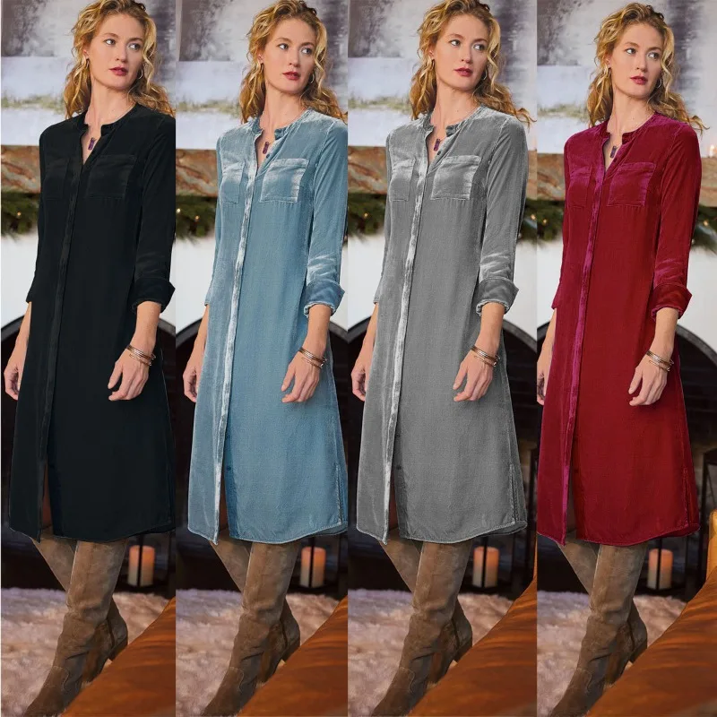 

Women's Clothing Long Shirt Dress Vintage New Velvet Long Sleeves Belt Solid Dresses Comfortable Dress for Women Maxi Dress