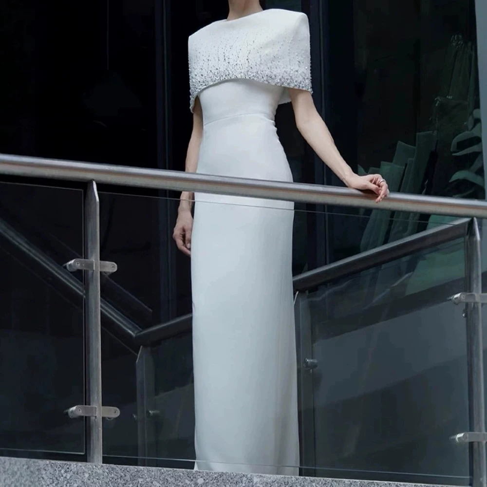 

Темпераментное банкетное элегантное белое платье, тяжелая шаль с бисером, накидка, длинная юбка с круглым вырезом и талией-GZXX1169