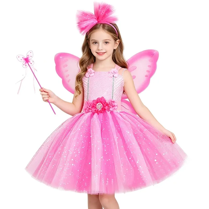 

Glitter Pink Fairy Costume for Girls Birthday Party Tulle Tutu Dress Ball Gown Kids Halloween Carnival Princess Dress Up Outfits