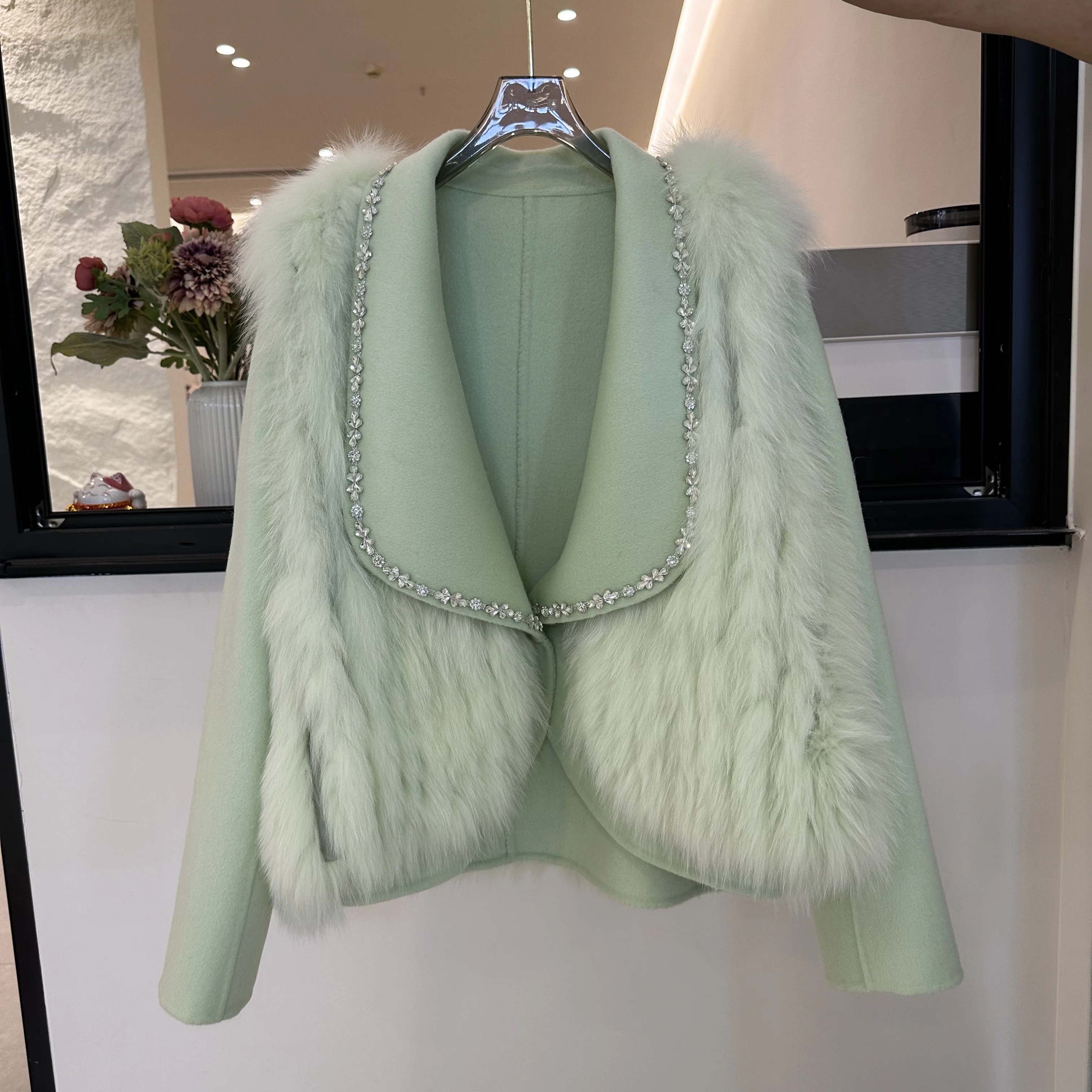 New winter striped fox fur vest two-piece woolen coats for women