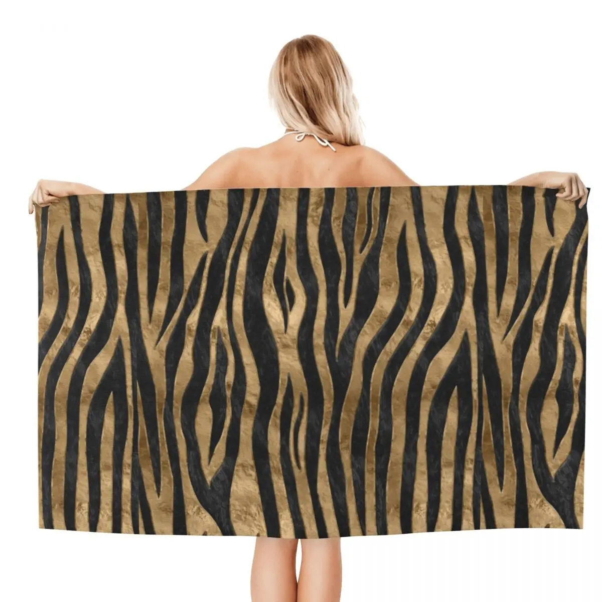 Custom Tiger Faux Fur Texture Black Abalone And Gold Bath Beach Towel Microfiber Animal Texture Shower Sports Yoga Towels