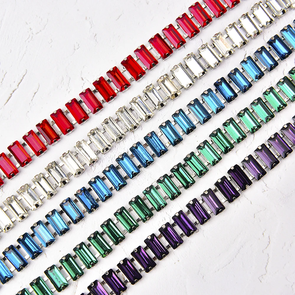 Handmade Colorful 5*10Mm Rhinestone Chain Sew On Rectangular Glass Crystal Trim Applique Metal Chain Clothing Accessories