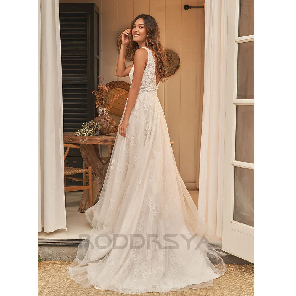 RODDRSYA Boho abiti da sposa eleganti per le donne 2023 Appliques con scollo a v in pizzo senza schienale con bottoni Vestidos De Novia Custom Made