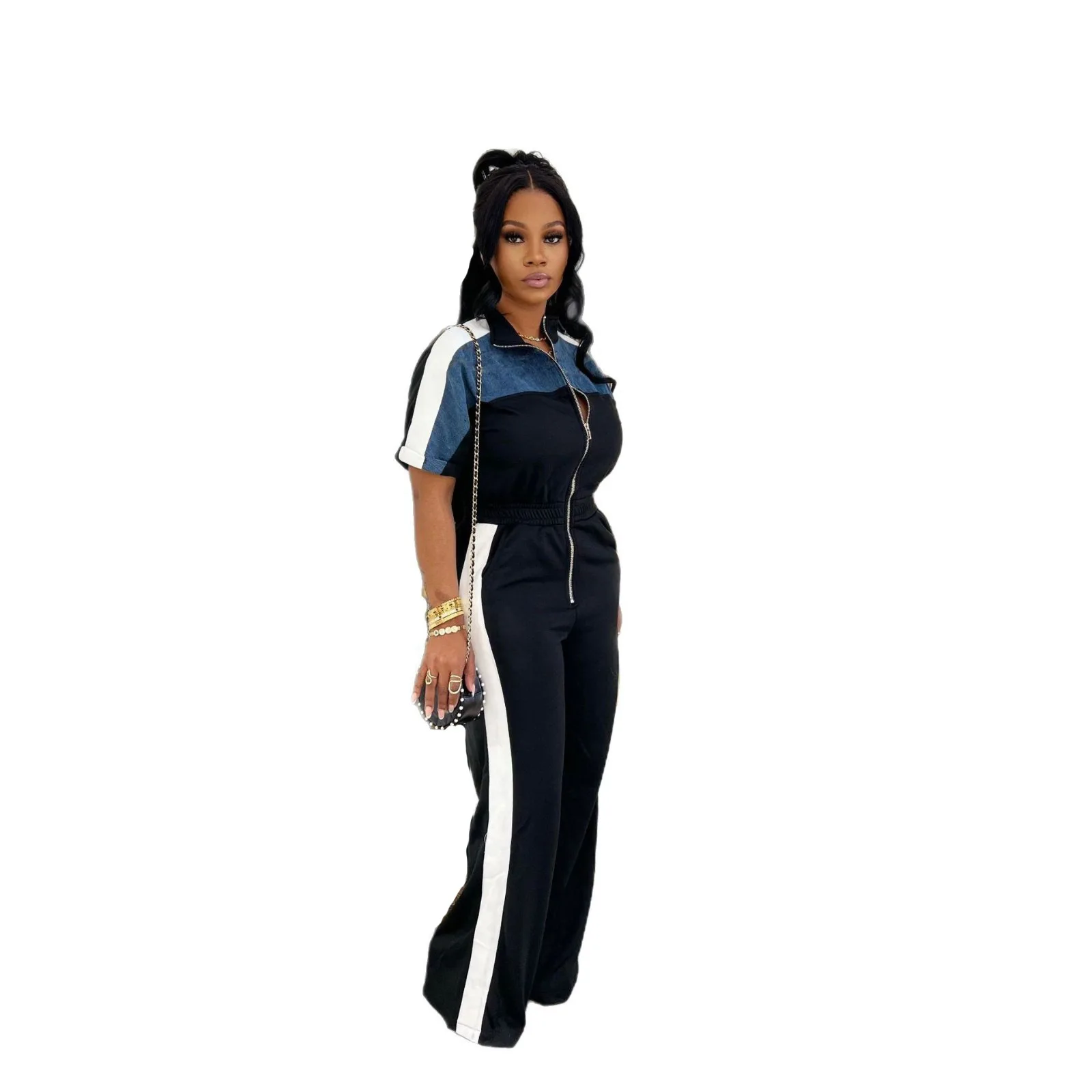 2025 Autumn New Women's Denim Color Matching Stand Collar Short Sleeve Long Zipper Jumpsuit Trousers