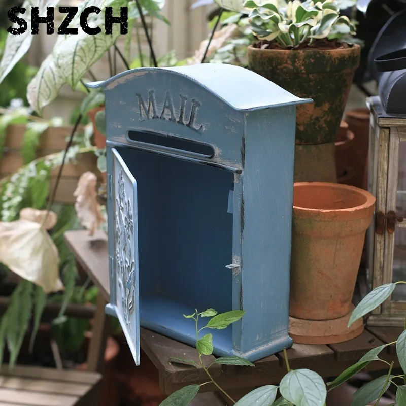3D European Vintage Embossed Post Box, Rustic Blue Iron Wall Mounted Mailbox for Garden Home Decoration Ornament