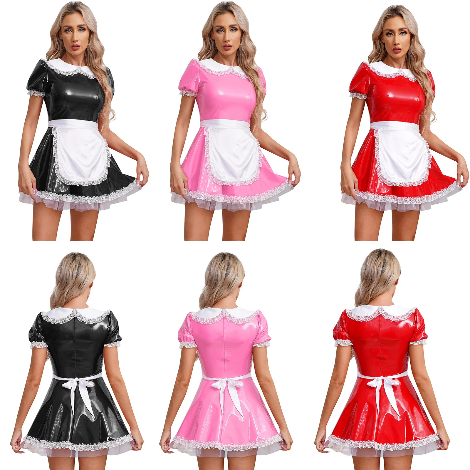 Frauen Dienst mädchen Outfit Lolita Cosplay Kostüm süße Kawaii Cafe Cosplay Uniform Schürze Dienst mädchen Kleid niedlichen Lack leder Outfits Kleidung