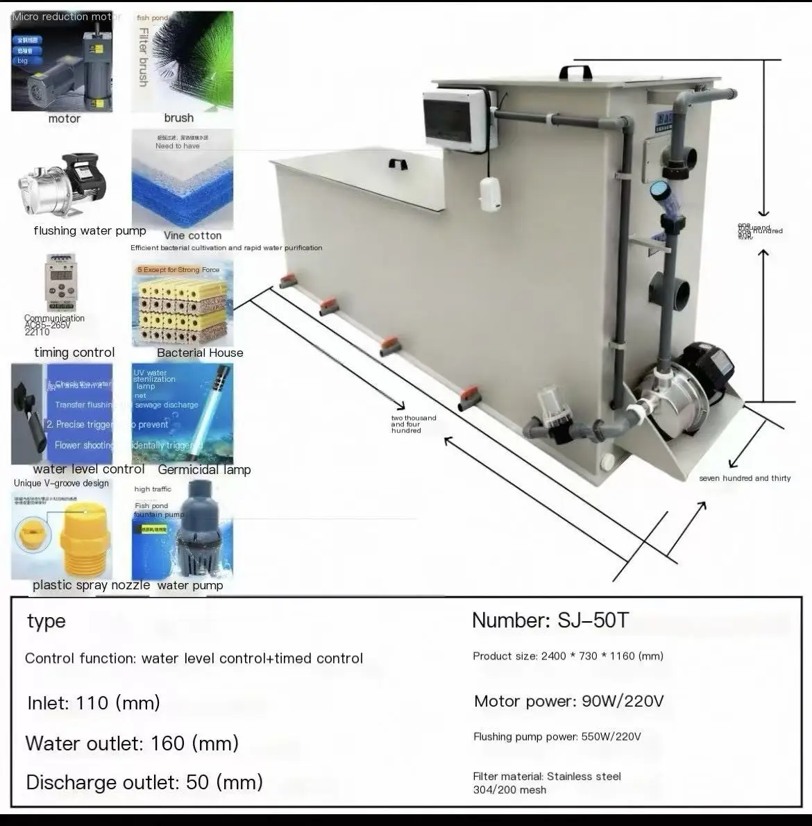 HYS alles-in-één machine voor vijvercirculatie, filter voor vijverwater, aquatische microfiltermachine, roterende trommel, koi-vijvercultuur