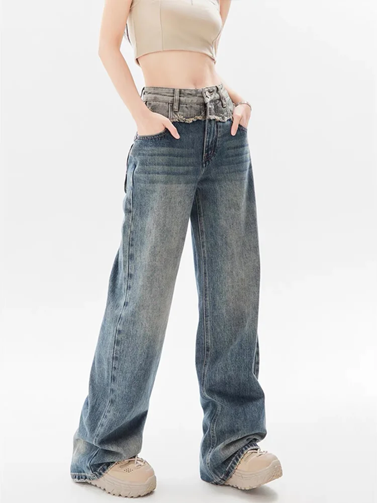 Women's Blue Spliced Baggy Jeans Y2K Harajuku High Street 90s Streetwear 2000s Style Wide Leg Jeans Trashy Trousers Clothes 2024