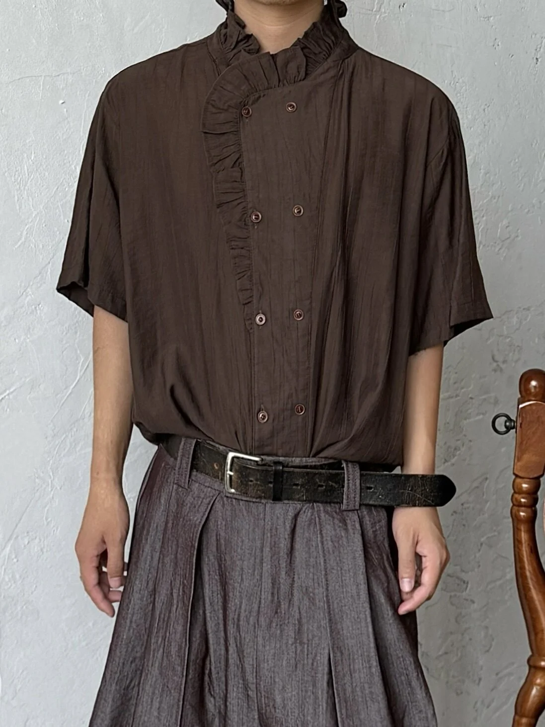 Retro Style Pure Color Short Sleeve Shirt with Lace Collar for Men And Women Casual Lightweight Summer Shirt Breathable Polye...