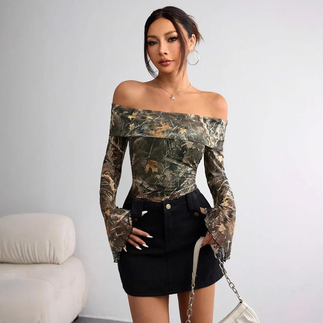 

2025 Spring Summer Ladies Tee Sexy Hottie Style Olive Color Mesh Print One Neck Strapless Flare Long-sleeved Slim T-shirt Tops