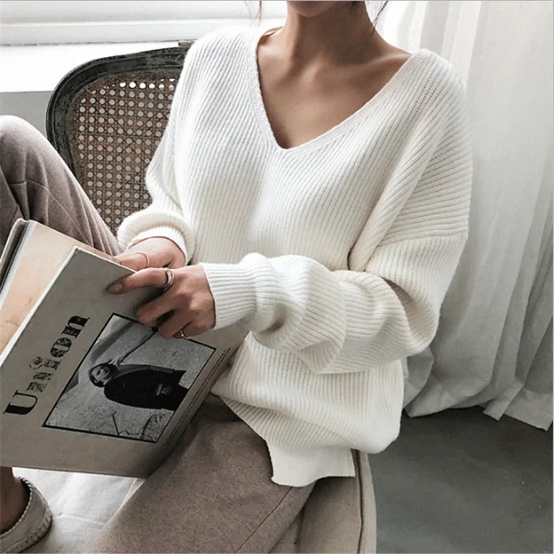 2024 Autumn Korean V-Neck Loose Solid Sweater Spring Women Warm Thick Pullover Office Lady All Match Knitwear Bottoming Sweater
