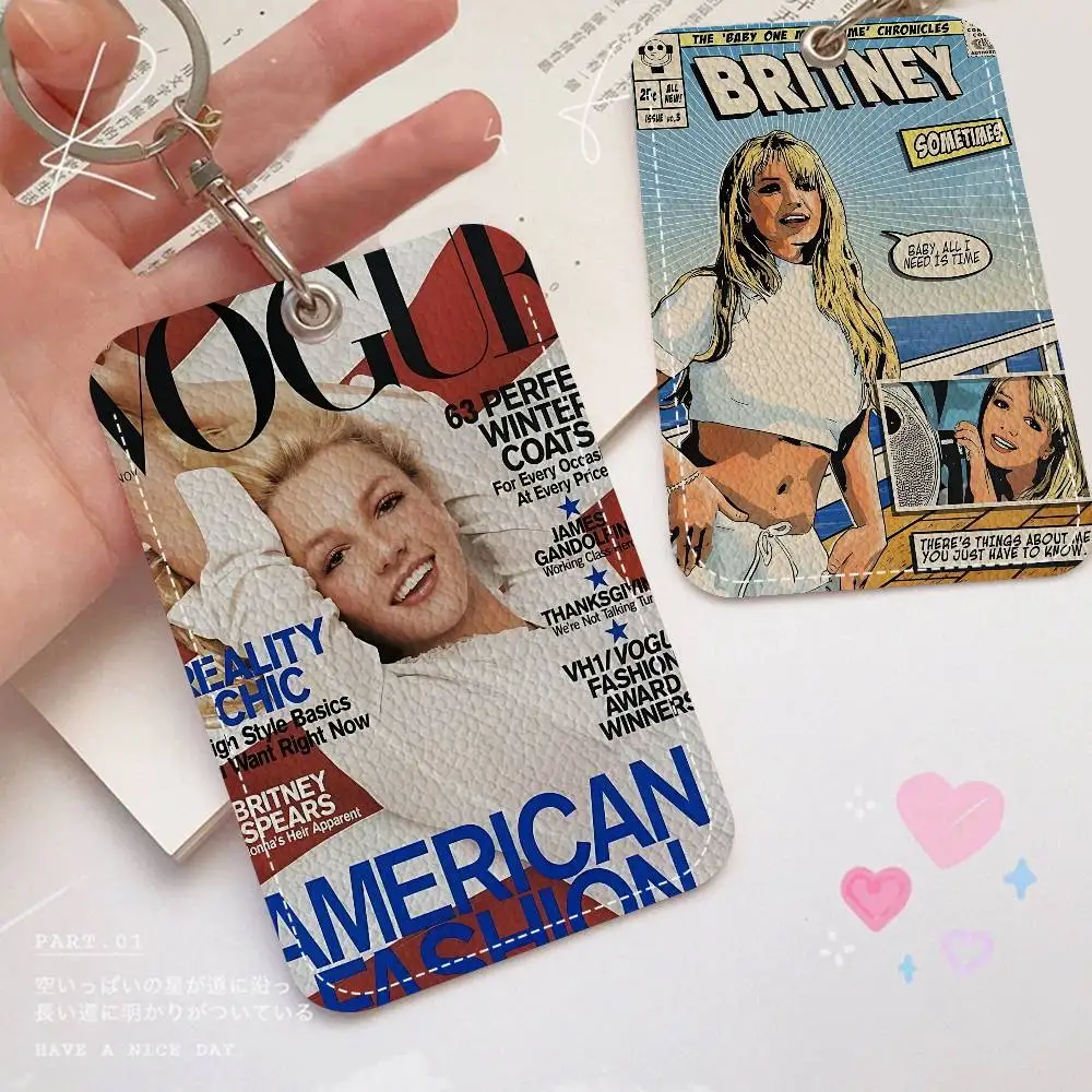 Retro Singer B-Britney S-Spears Rectangle ID Card Case Keychain Access Card Bag Key Tag Ring Leather Card Holder Key Ring