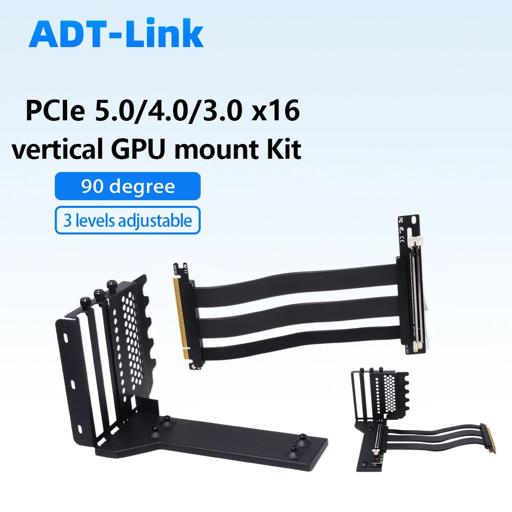 

90 Degree PCIe 3.0 / 4.0 / 5.0 GPU Riser Cable Vertical GPU Mount Kit 3-Level Adjustable Graphics Card Support Stand for PC Case